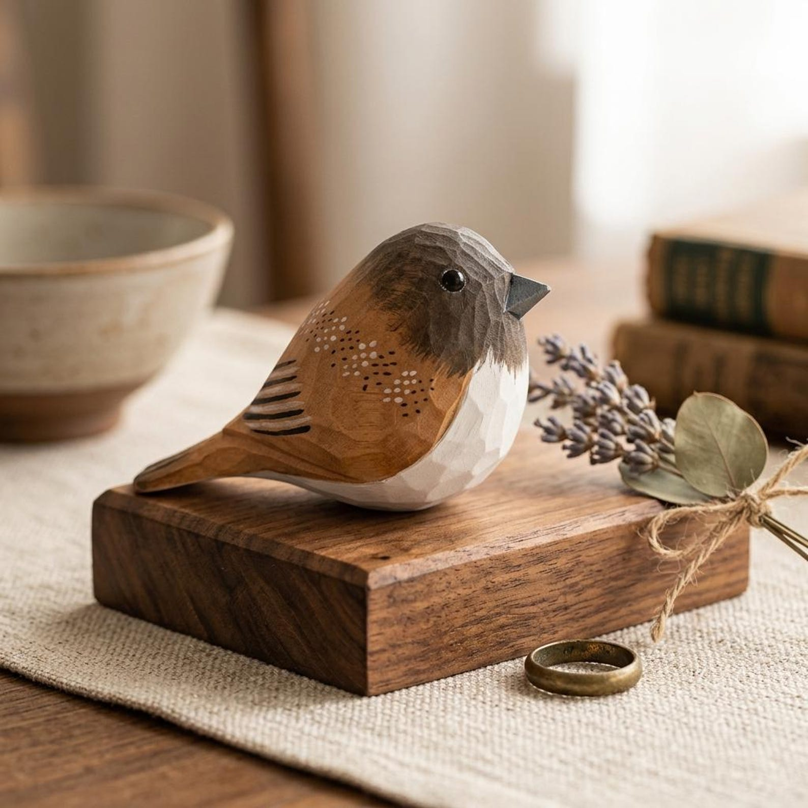 Hand-Carved Painted Wood Bird Figurine, Robin-Style Songbird Sculpture image 1