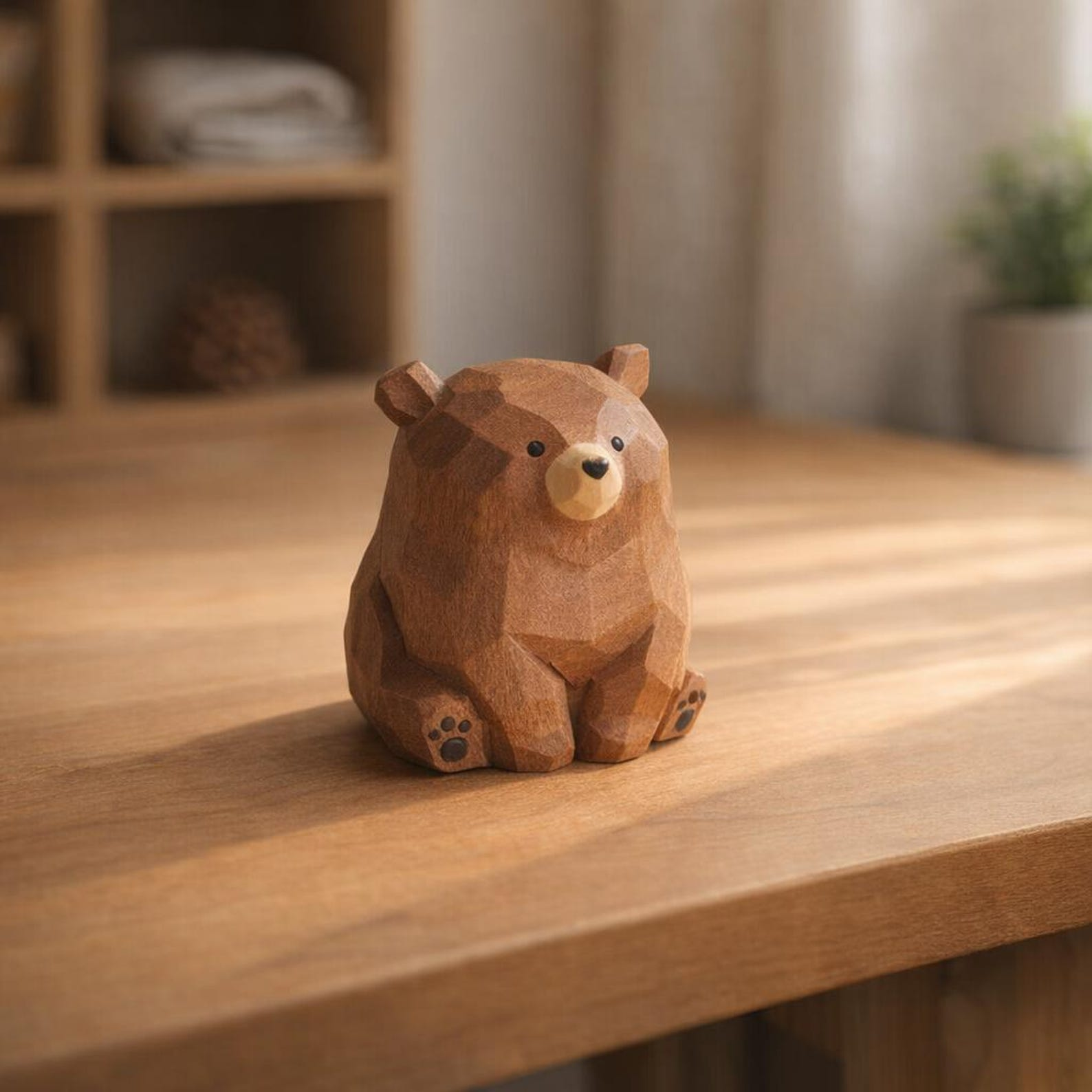 Hand-Carved Wooden Bear Figurine, Sitting Pose, Brown Finish image 1
