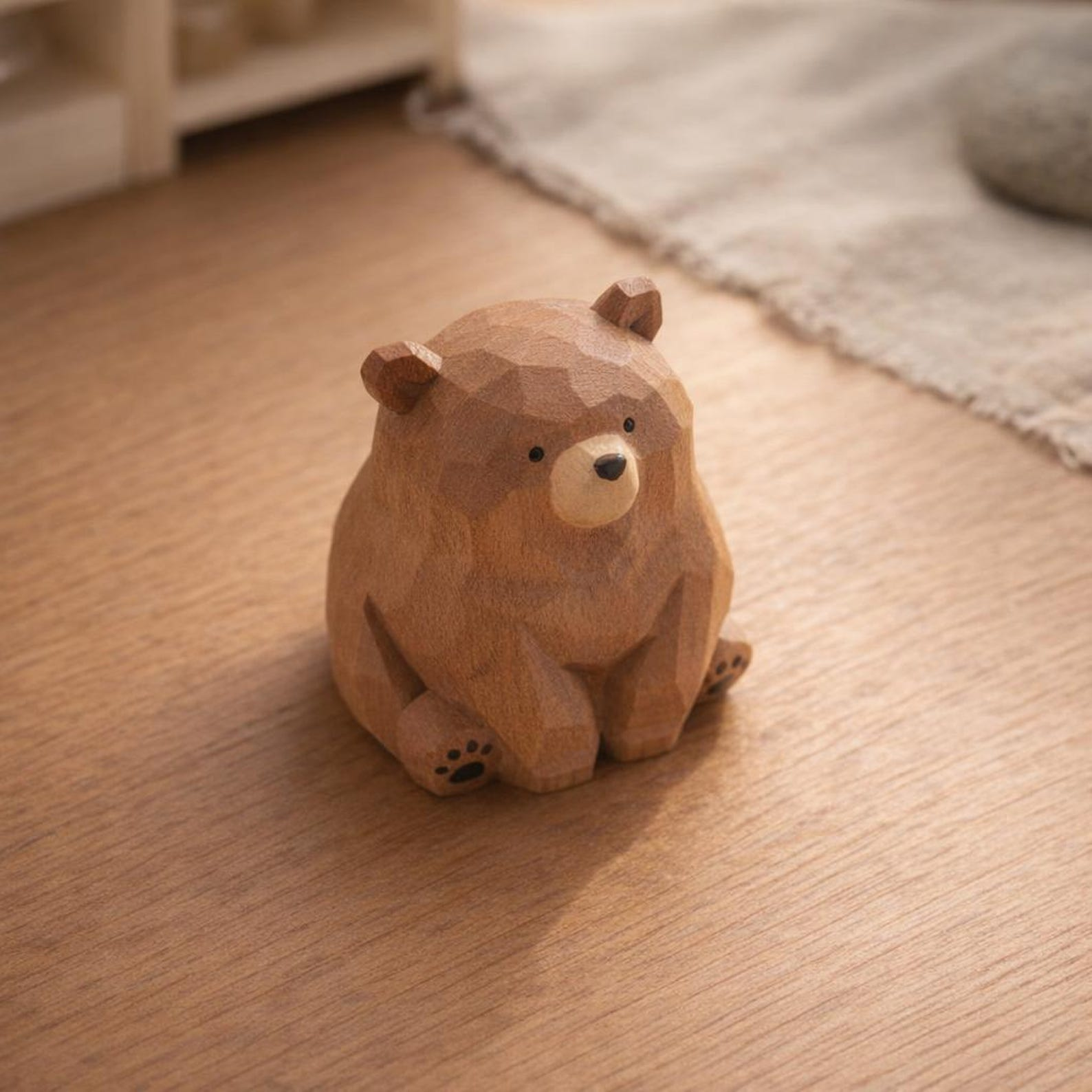 Hand-Carved Wooden Bear Figurine, Sitting Pose, Brown Finish image 2