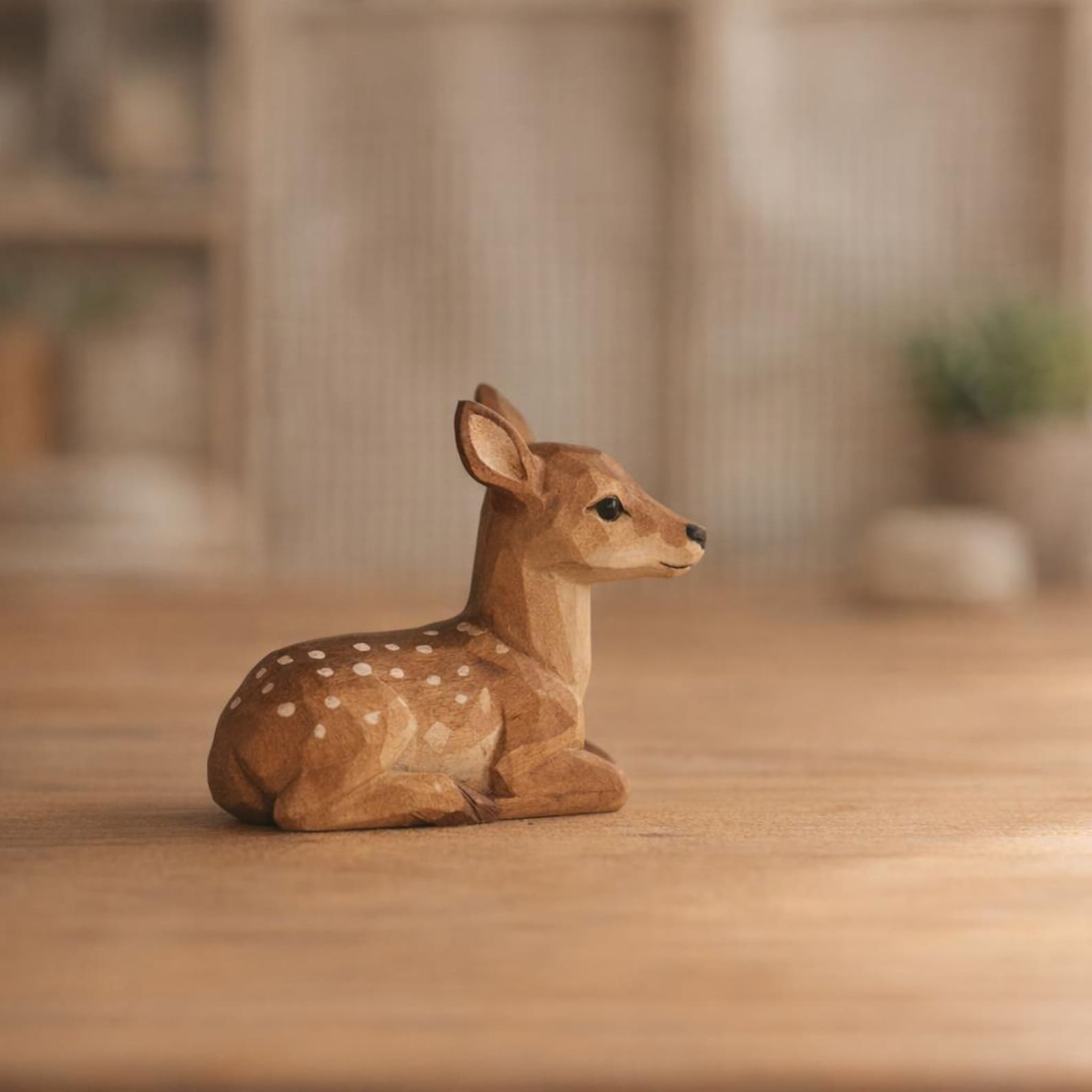 Hand-Carved Wooden Fawn Figurine, Lying Deer Sculpture, Painted Spots image 1
