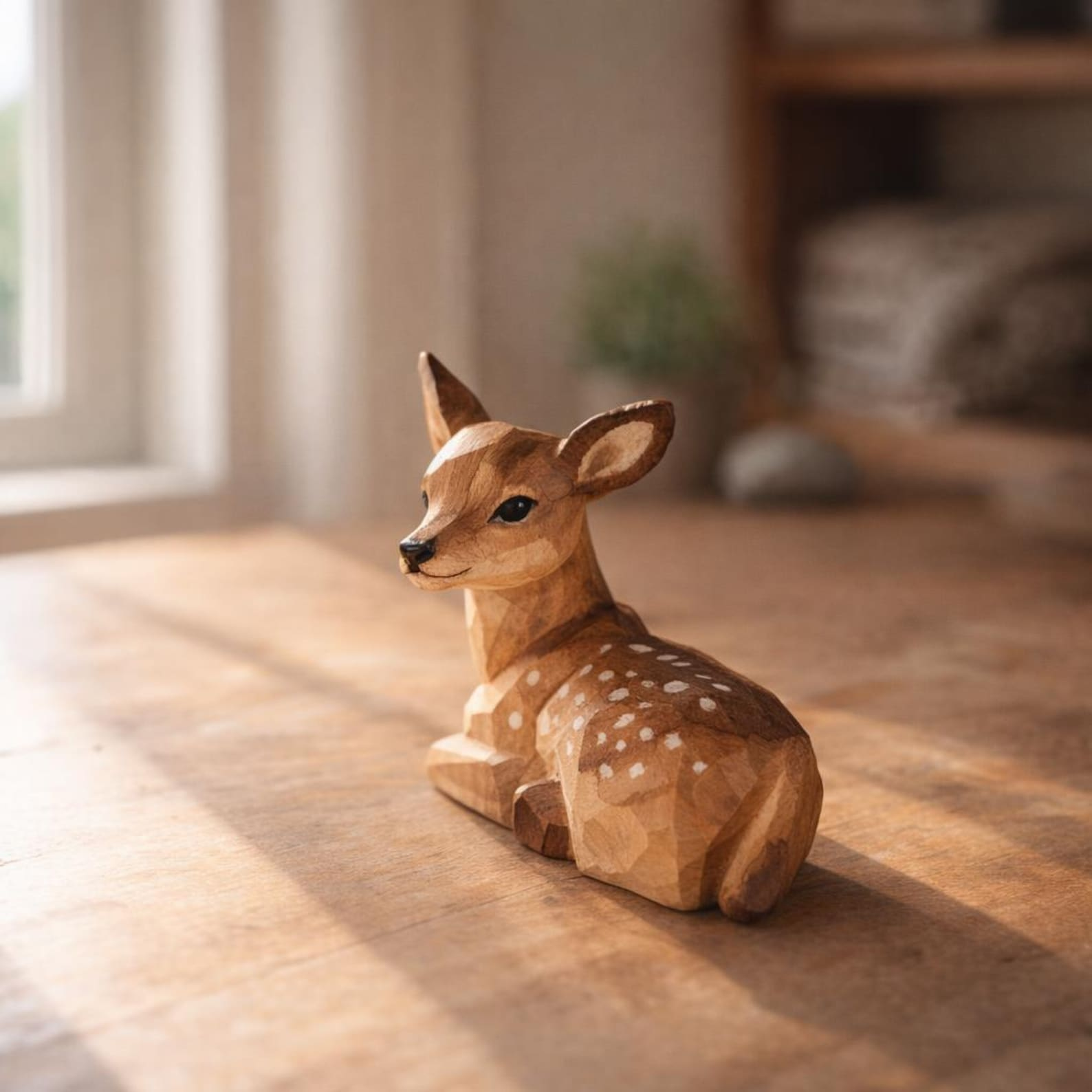 Hand-Carved Wooden Fawn Figurine, Lying Deer Sculpture, Painted Spots image 2