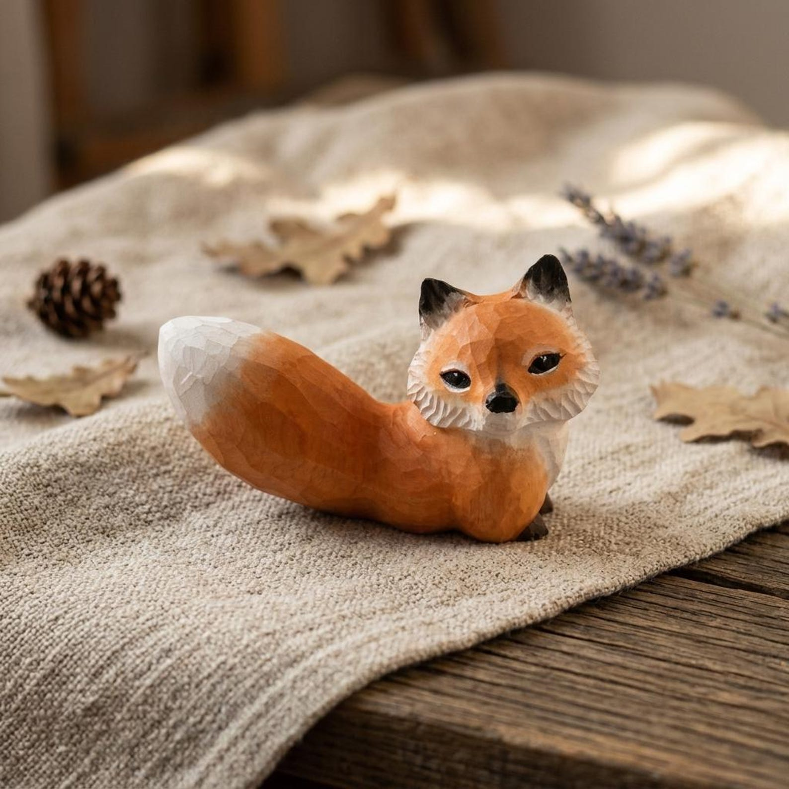 Hand-Carved Wooden Fox Figurine, Painted, Lying Pose, approx. 5 in. image 1