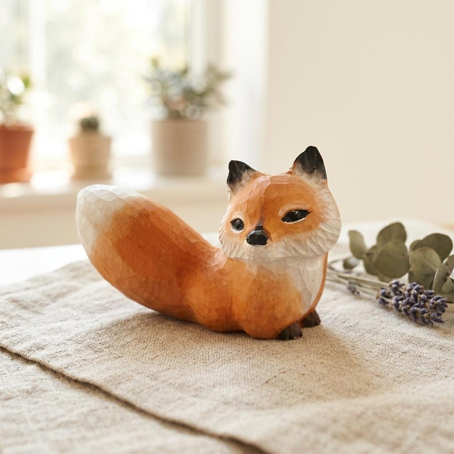 Hand-Carved Wooden Fox Figurine, Painted, Lying Pose, approx. 5 in. image 2