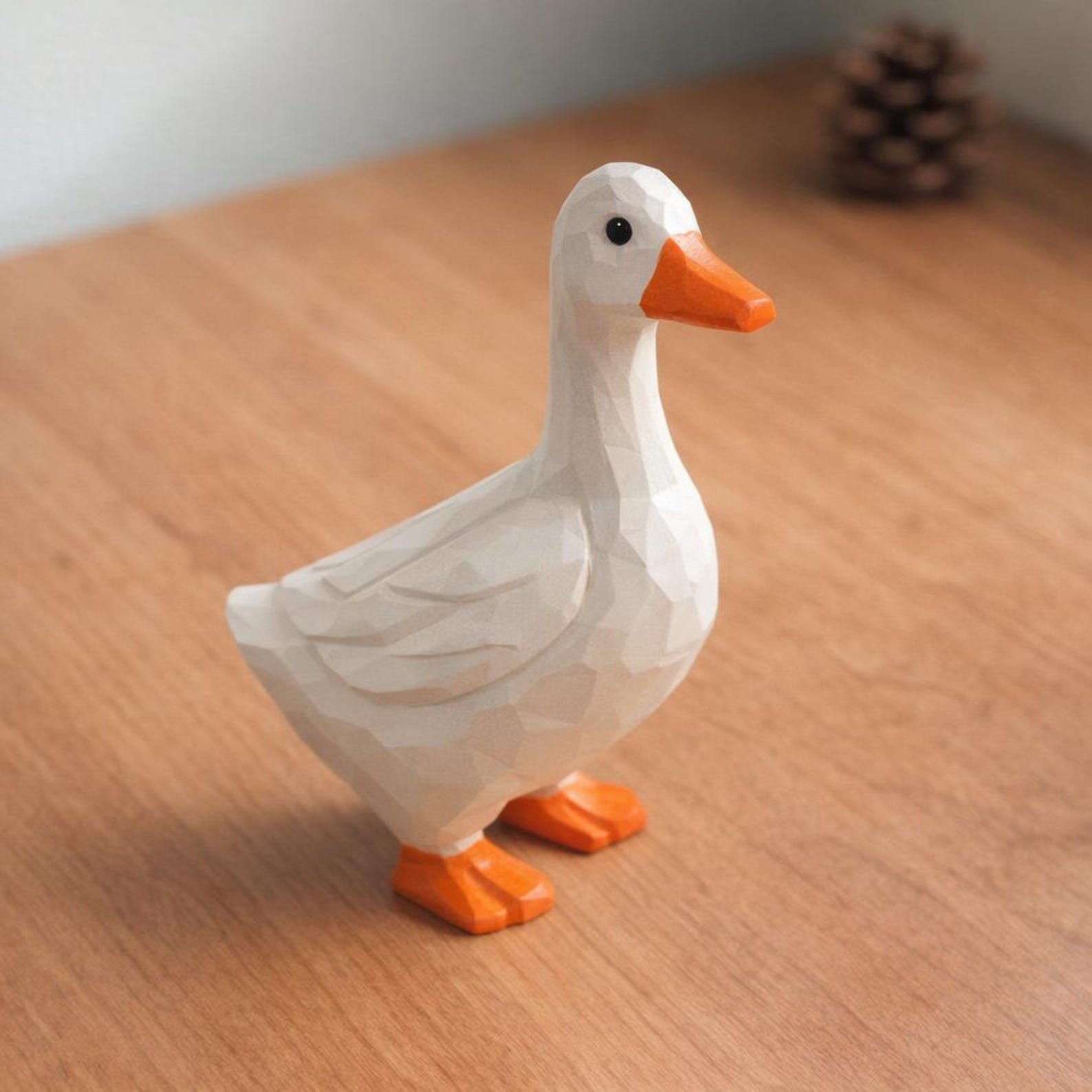 Hand-Carved Wooden Goose Figurine, White with Orange Beak and Feet image 1