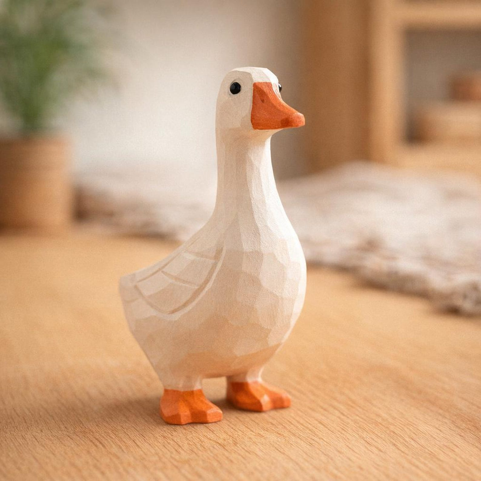 Hand-Carved Wooden Goose Figurine, White with Orange Beak and Feet image 2