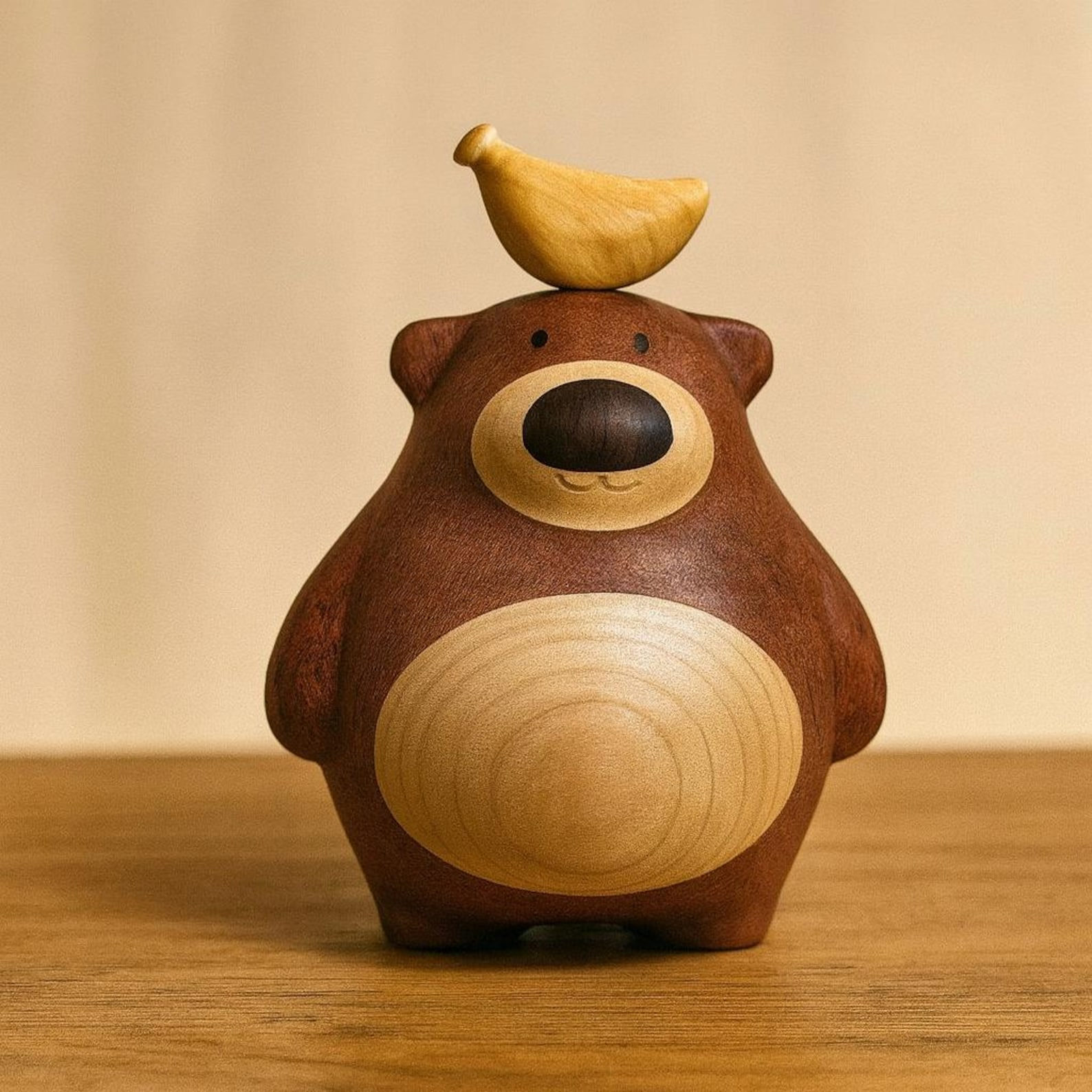 Handcrafted Wooden Bear Figurine with Bird Accent, Two-Tone Finish image 1