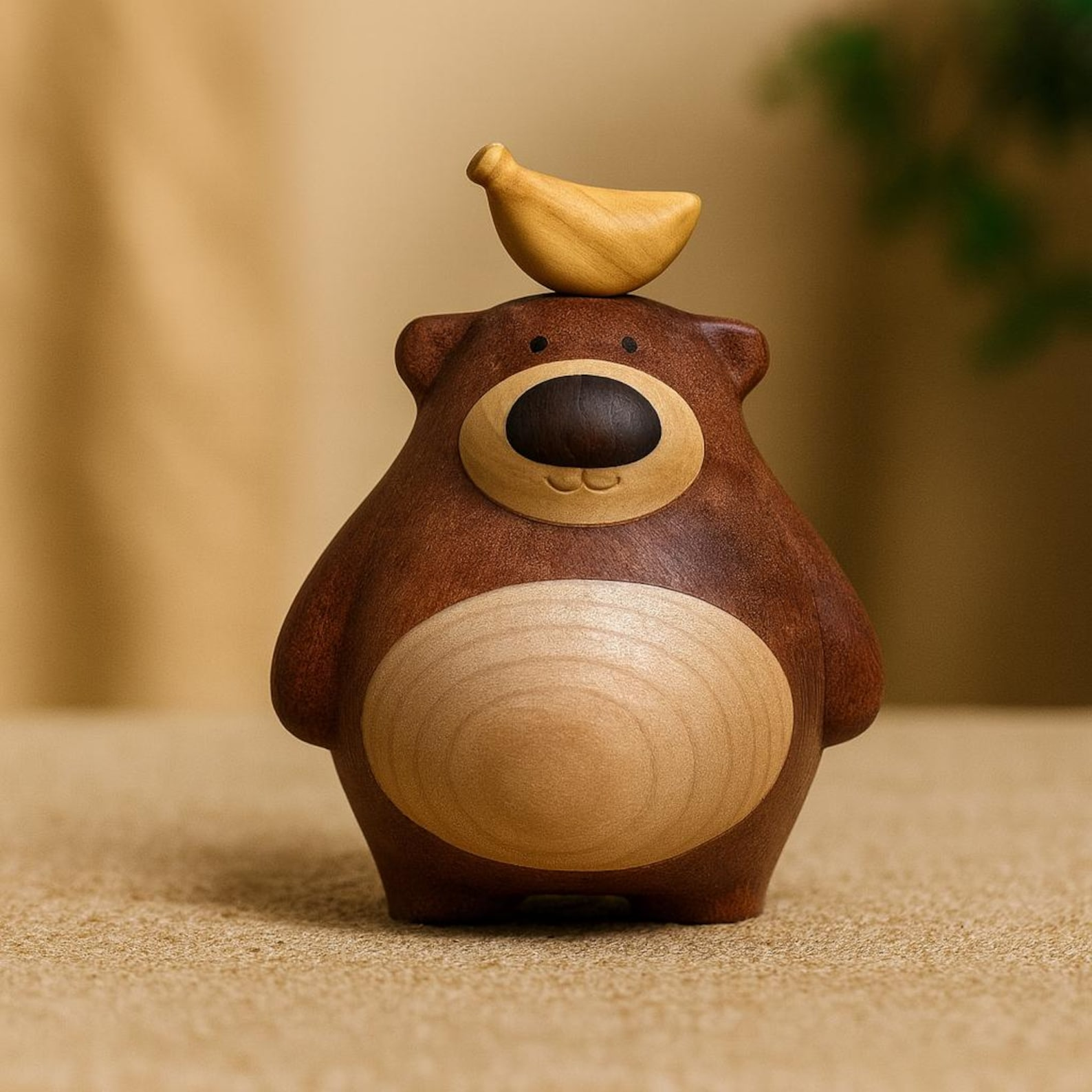 Handcrafted Wooden Bear Figurine with Bird Accent, Two-Tone Finish image 2