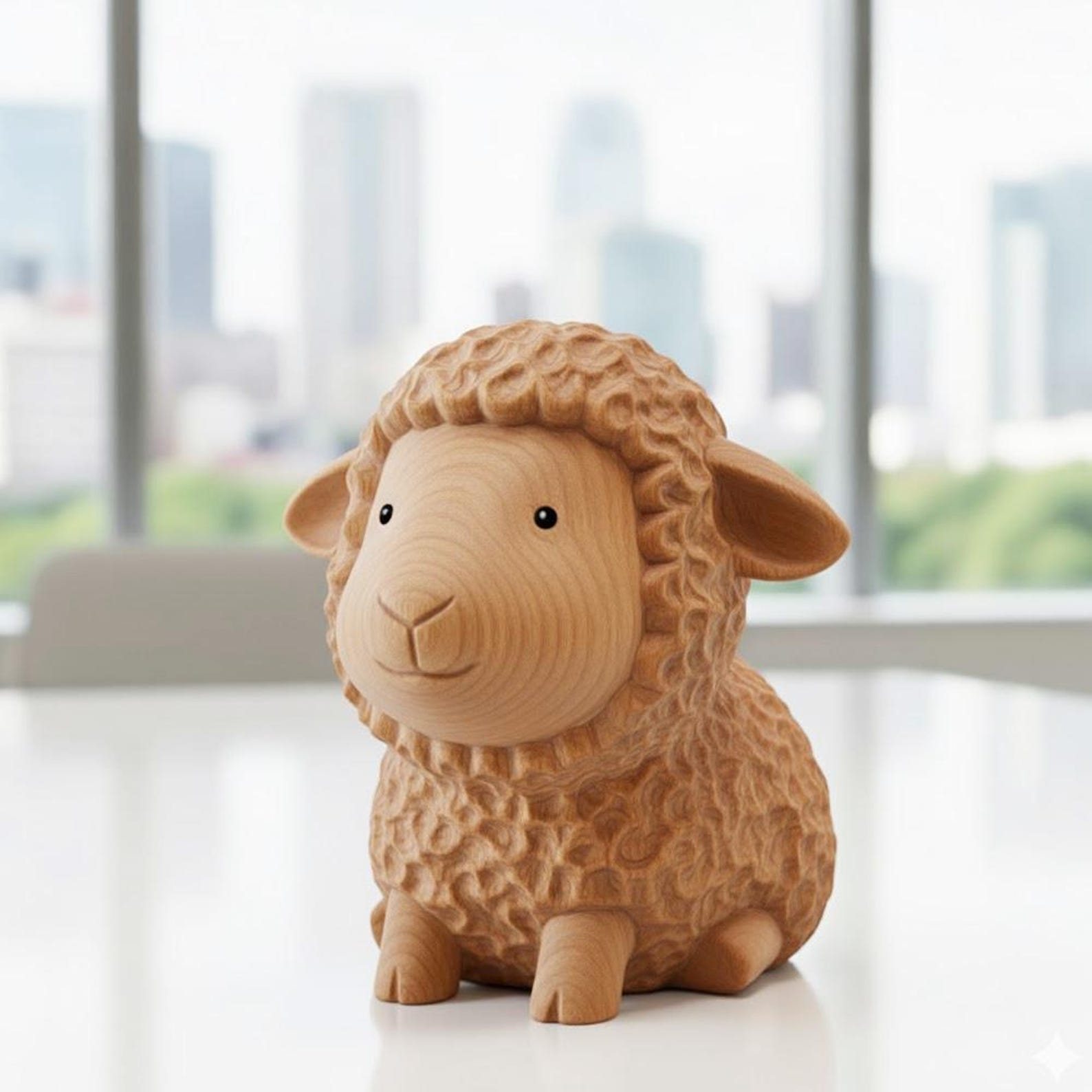 Sitting Sheep Figurine with Wood-Grain Texture, Resin, Natural Tan image 1