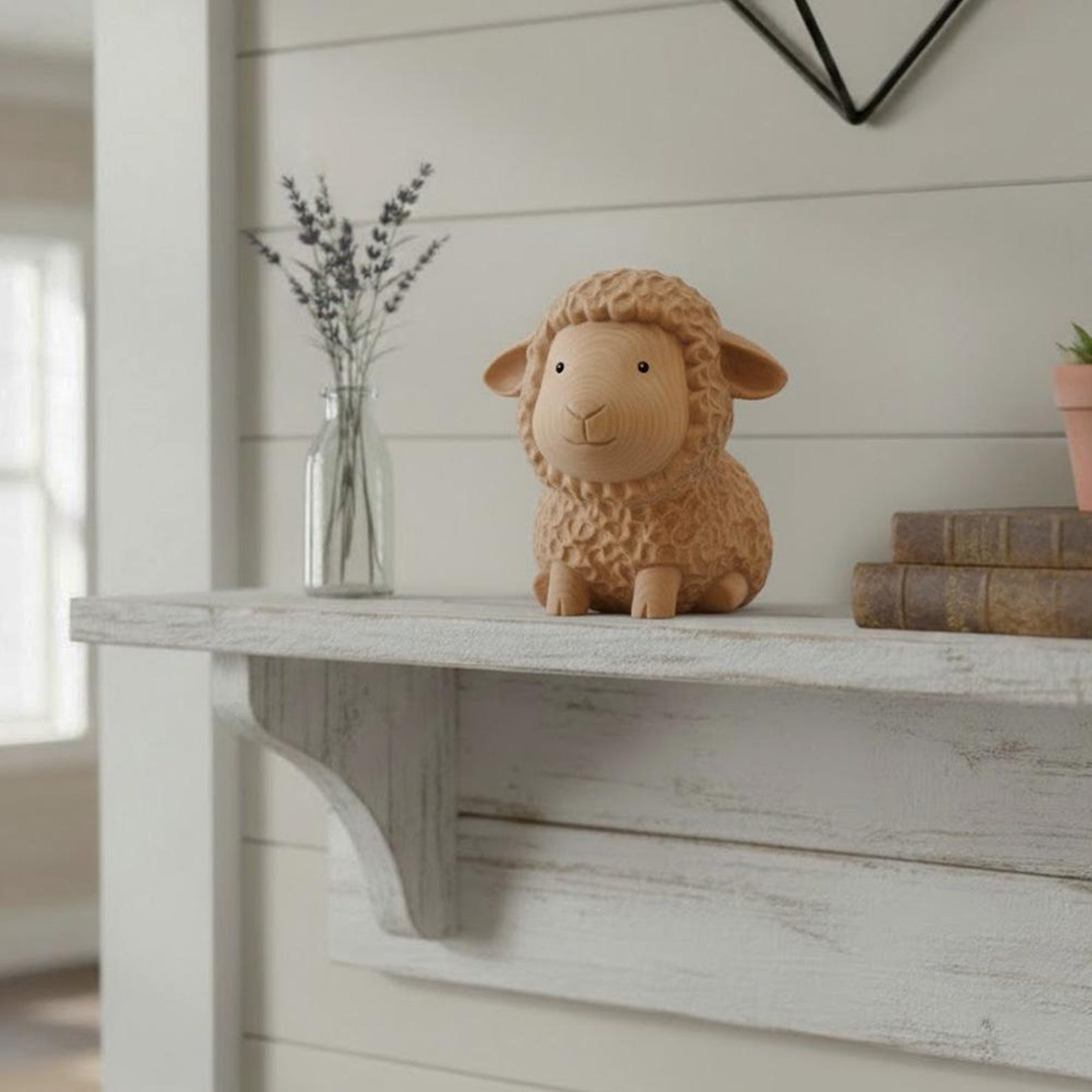 Sitting Sheep Figurine with Wood-Grain Texture, Resin, Natural Tan image 2